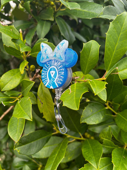 Type 1 Diabetes Awareness Badge Reel | Retractable Glitter Bow Badge Holder | Medical Nurse ID Clip | Diabetes Awareness Gift