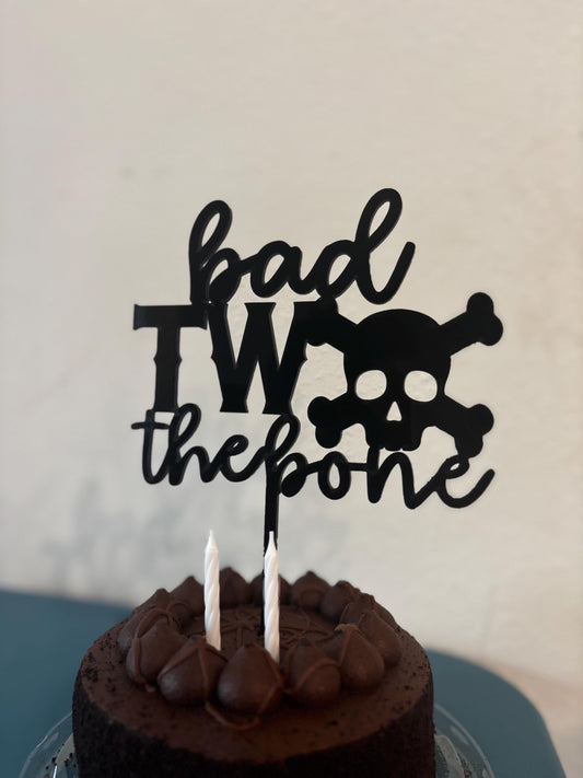 Bad TWO the Bone Cake Topper | Skull Pirate 2nd Birthday Decor | Toddler Boy Two Year Old Birthday Party | Black Acrylic Cake Topper