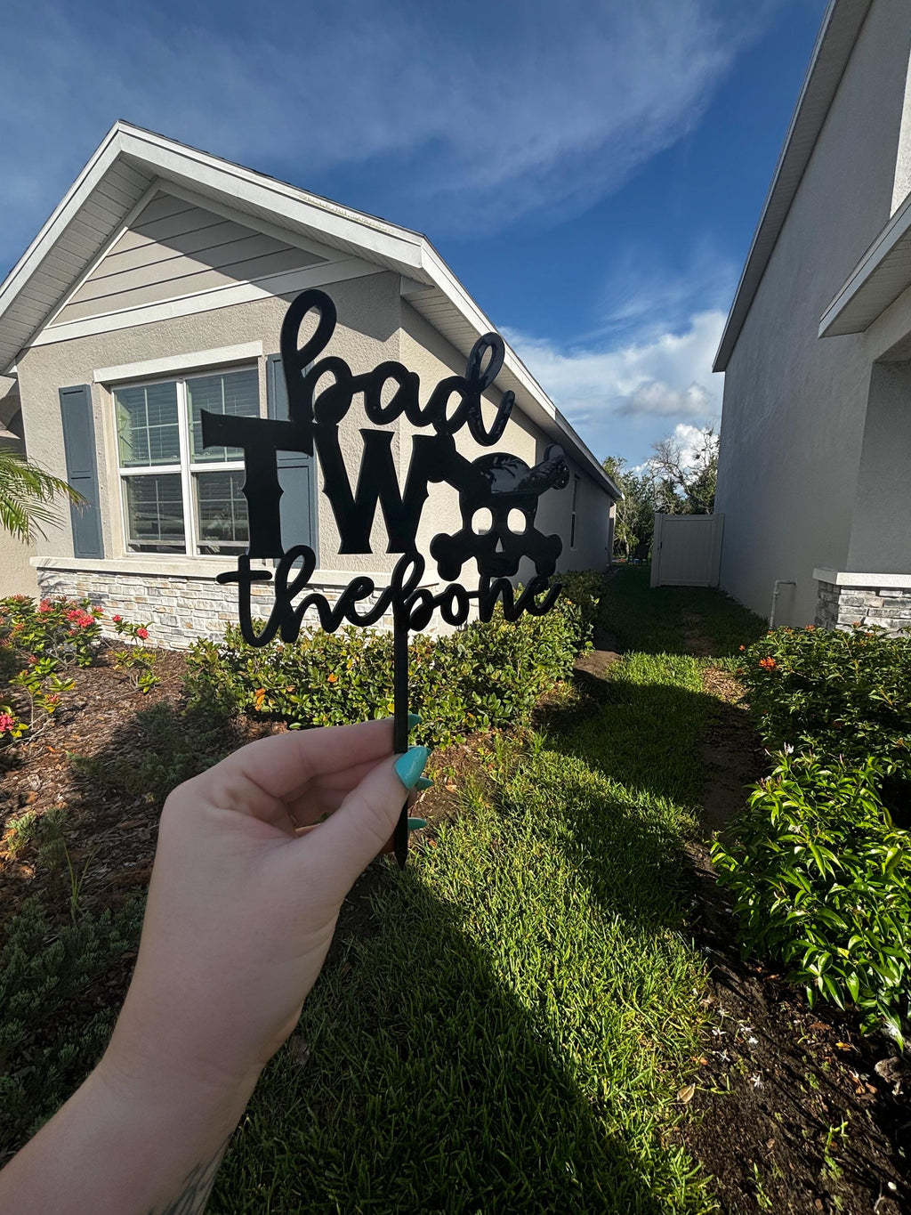 Bad TWO the Bone Cake Topper | Skull Pirate 2nd Birthday Decor | Toddler Boy Two Year Old Birthday Party | Black Acrylic Cake Topper