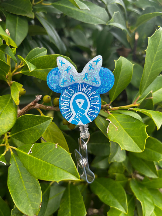 Type 1 Diabetes Awareness Badge Reel | Retractable Glitter Bow Badge Holder | Medical Nurse ID Clip | Diabetes Awareness Gift