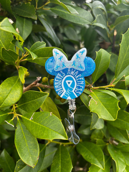 Type 1 Diabetes Awareness Badge Reel | Retractable Glitter Bow Badge Holder | Medical Nurse ID Clip | Diabetes Awareness Gift
