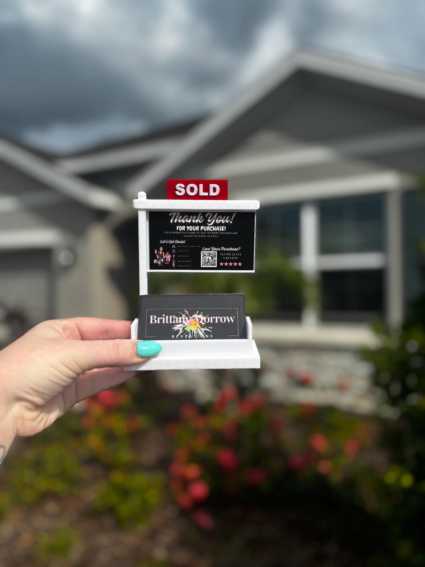 Mini “SOLD” Sign Business Card Holder for Realtors – Real Estate Desk Décor | Sliding Slot Display | Closing Gift | Realtor Branding Prop