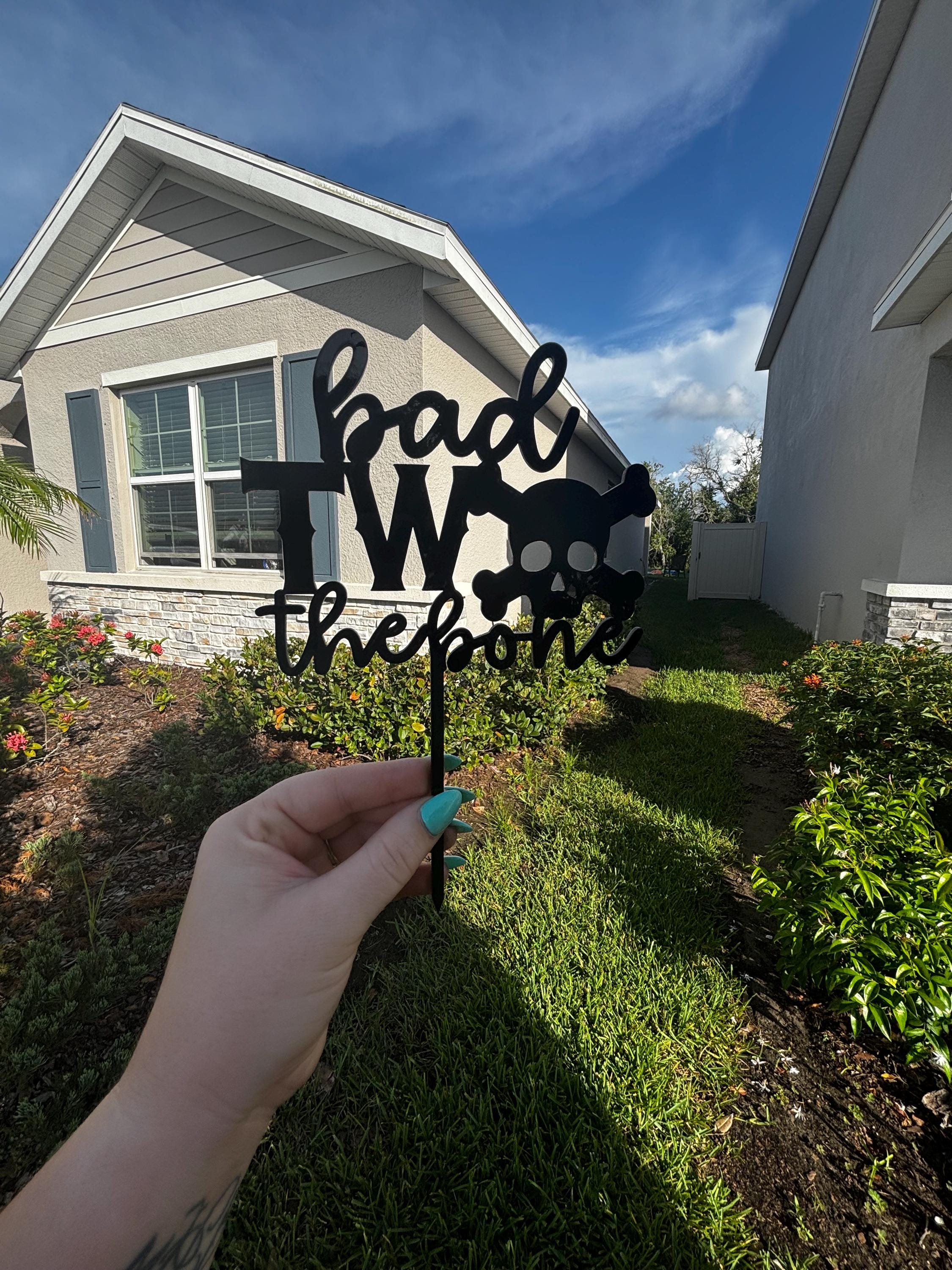 Bad TWO the Bone Cake Topper | Skull Pirate 2nd Birthday Decor | Toddler Boy Two Year Old Birthday Party | Black Acrylic Cake Topper